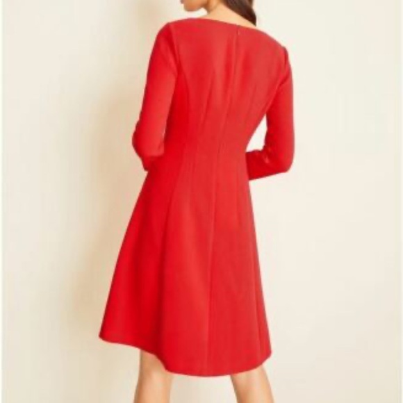 Ann Taylor Petite Double weaved seamed Red V-Neck Dress fit & flare dress Sz 2P - Picture 2 of 8